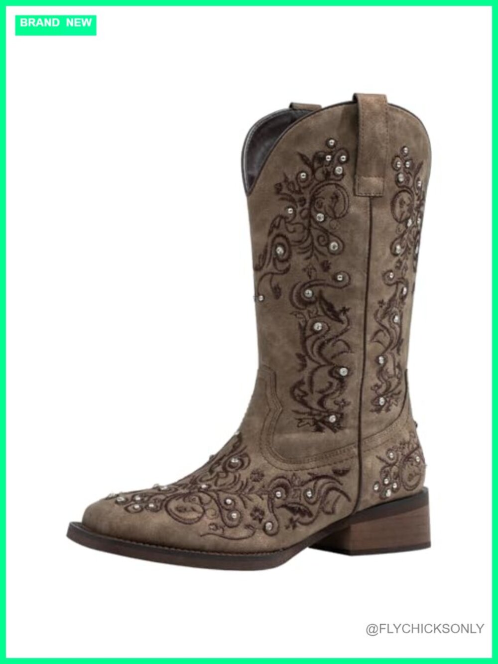 Womens Mid-Calf Western Cowboy Boots Faux Leather Rhinestone Square Toe